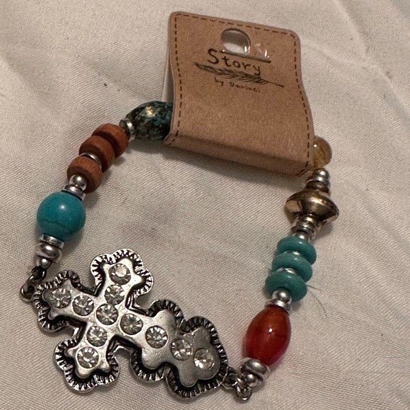 Beautiful Rhinestone Cross Stretch Bracelet with Lovely Beads and Discs NWT - Picture 2 of 4